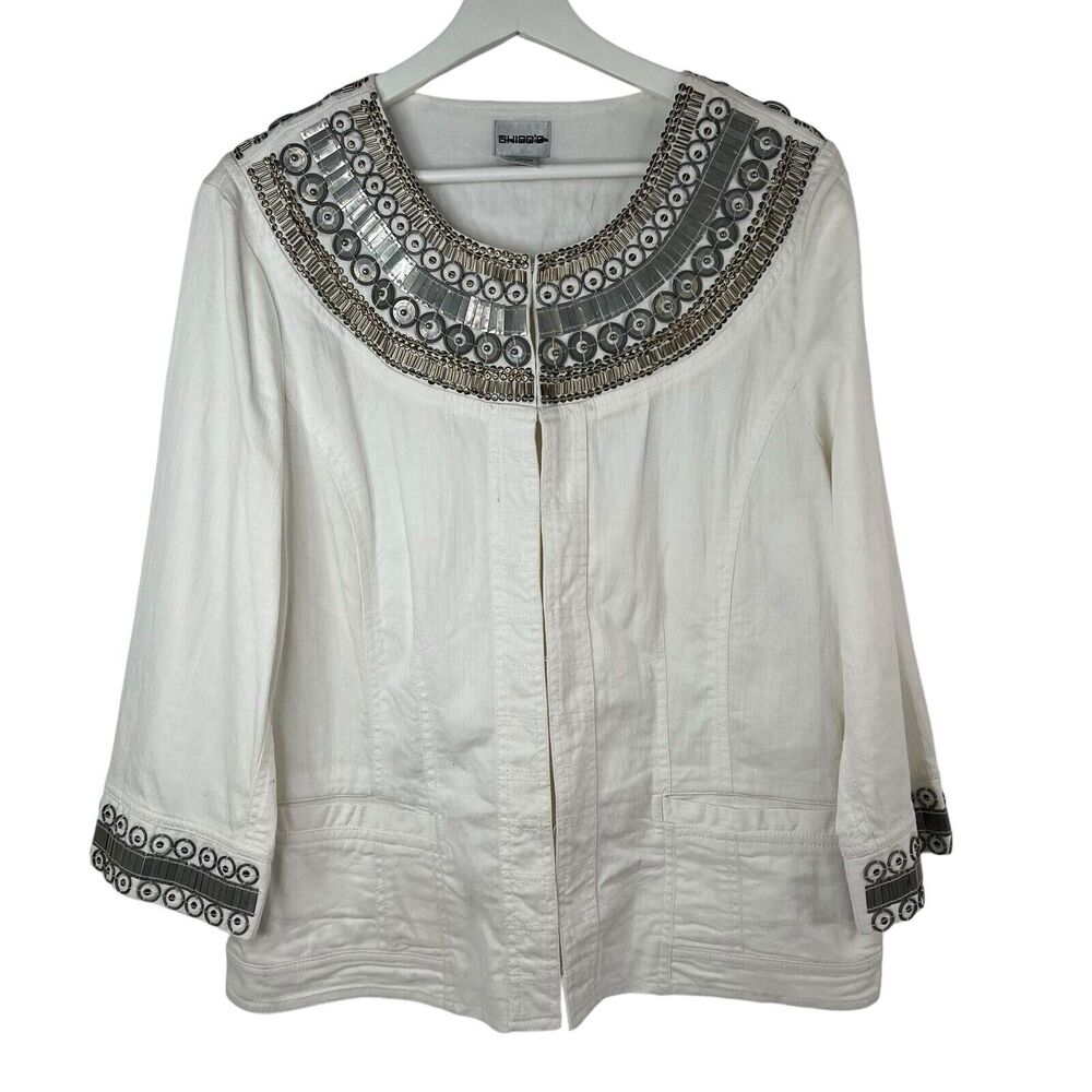 Chico's Size 2 US L 12 Blazer Jacket Metal Beaded Sequin White Denim Stretch‎